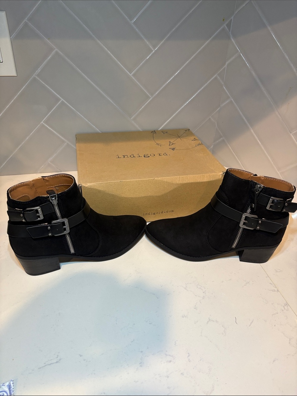 Indigo Black Suede Buckle & Zip Ankle Booties
